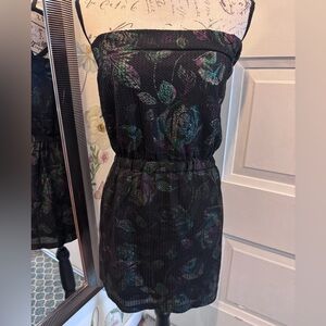 Black Floral Strapless Dress with Elastic Waist